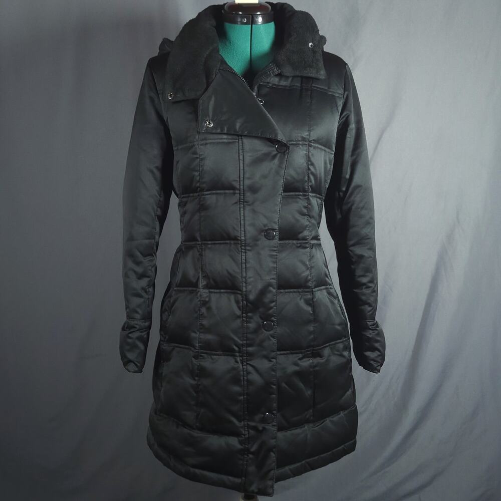 DKNY Down Puffer Coat Long Black Hooded Winter Jacket 60% Down 40% Feather S